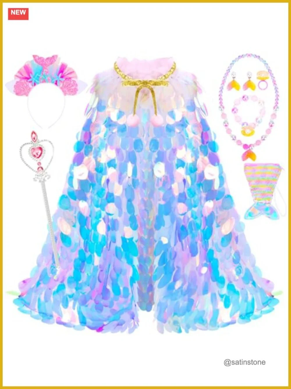 Mermaid Princess Dress Up Cape Set 9 Pieces Pretend Play Costume Gift for Girls